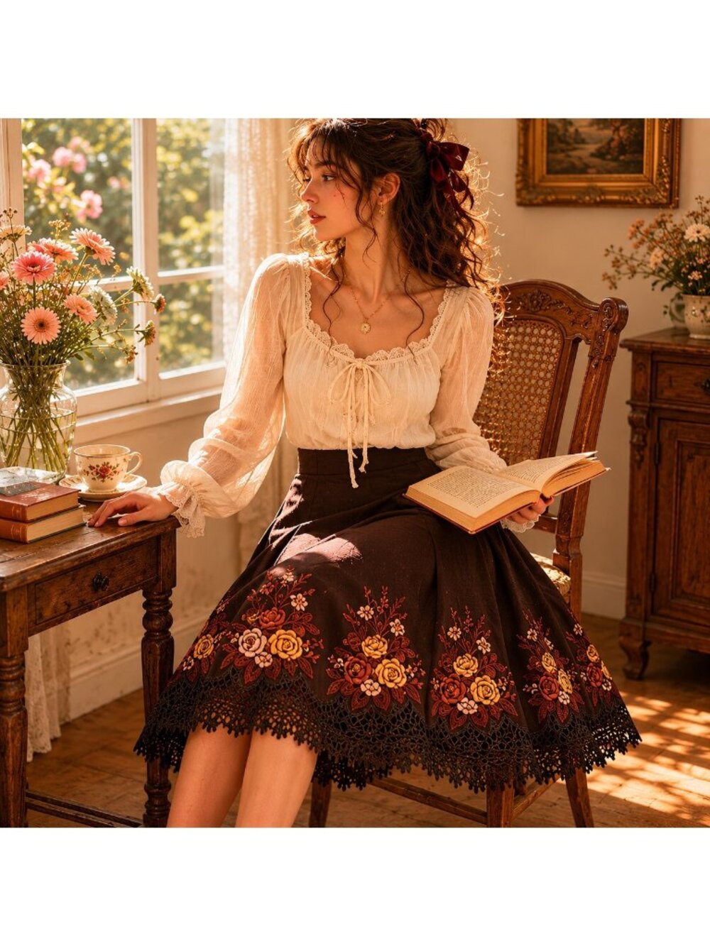 Cynthia Steffe Embroidered Floral A-Line Skirt Brpwn Lace Hem Size 10